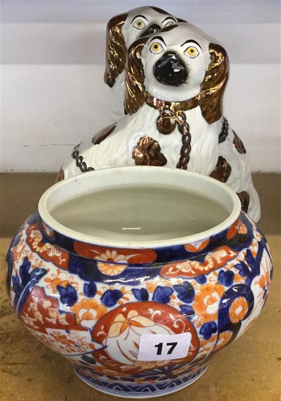 Imari bowl & pair Staffordshire dogs